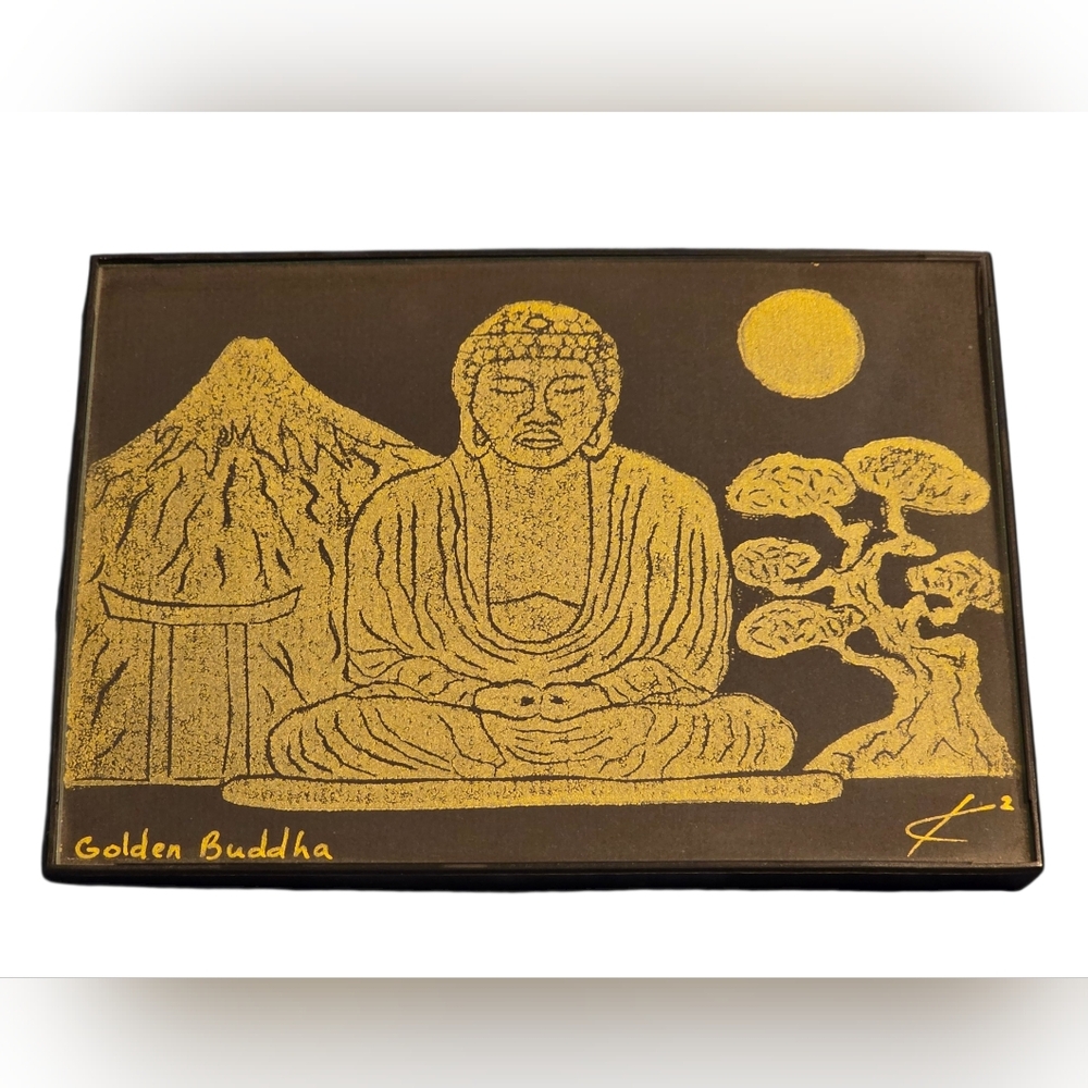 Golden Buddha Framed Artwork 5" X 7" Signed Unknown Artist